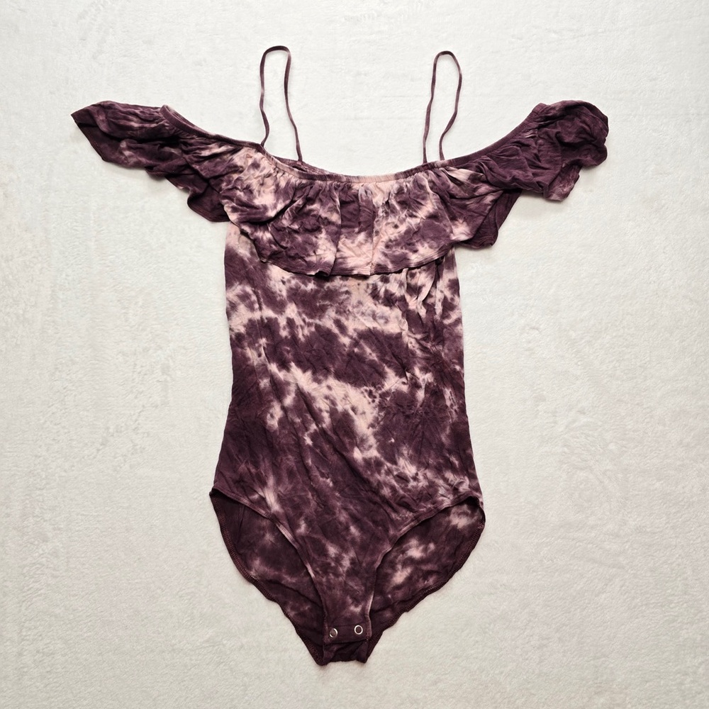 American Eagle Off Shoulder Tie Dye Bodysuit Ruffle Burgundy Purple M